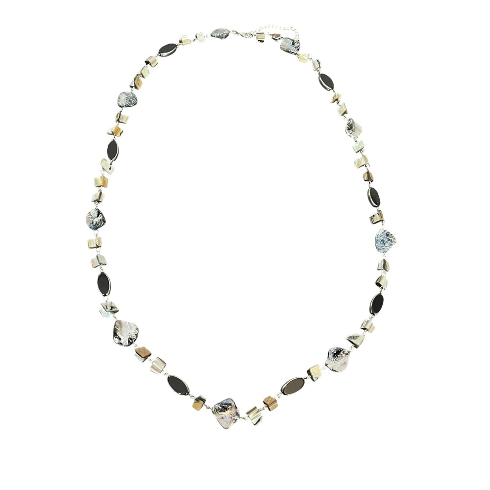 Long Shell Stone Station Necklace Silver Tone Black Mother of Pearl 36 Inch